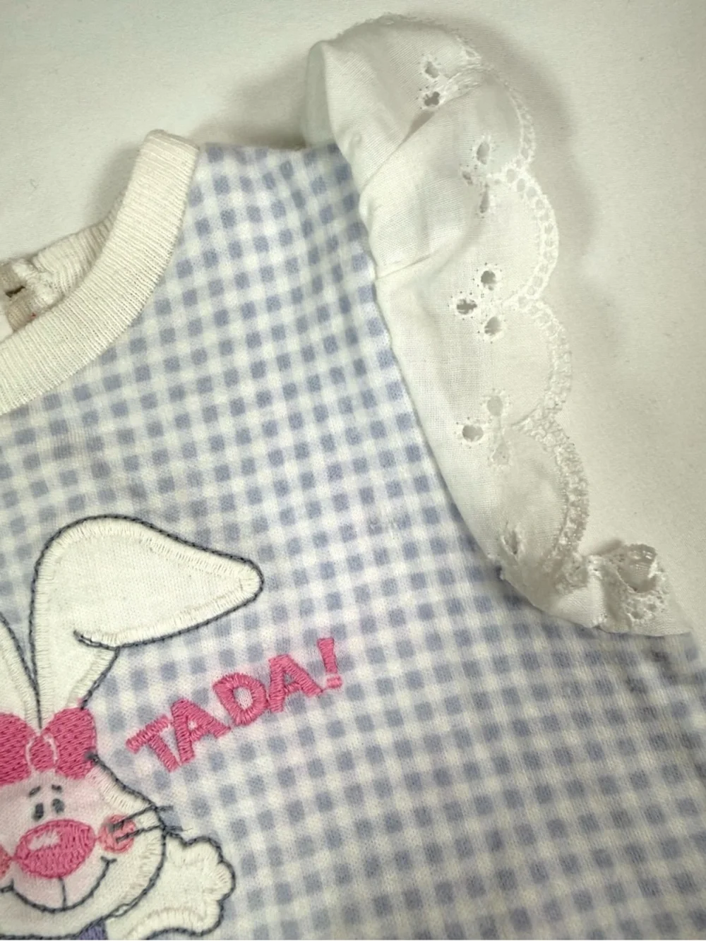 VINTAGE CARTERS Baby Girl 90s 12M Gingham Bunny Romper Eyelet‎ Lace Cottagecore